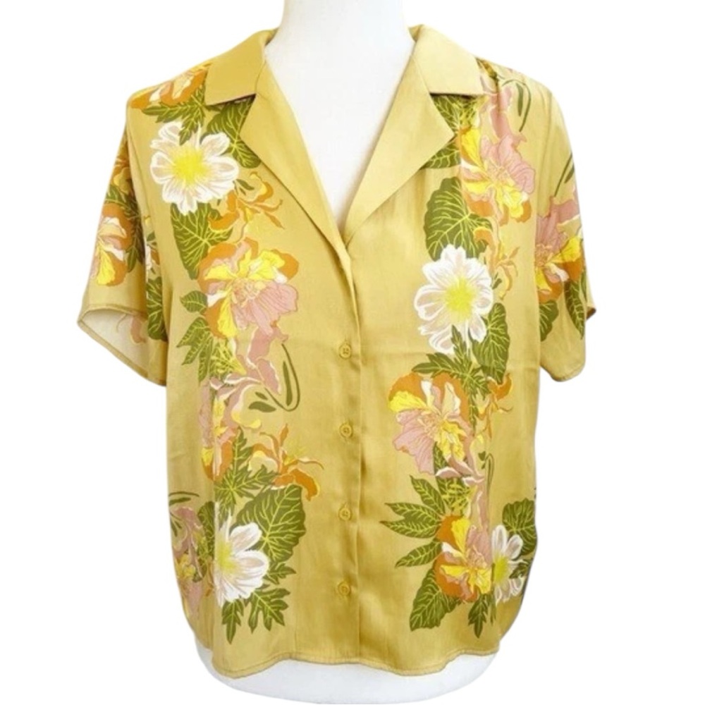Rachel Zoe Chartreuse Satin Tropical Floral Short Sleeve Button Up Size Medium